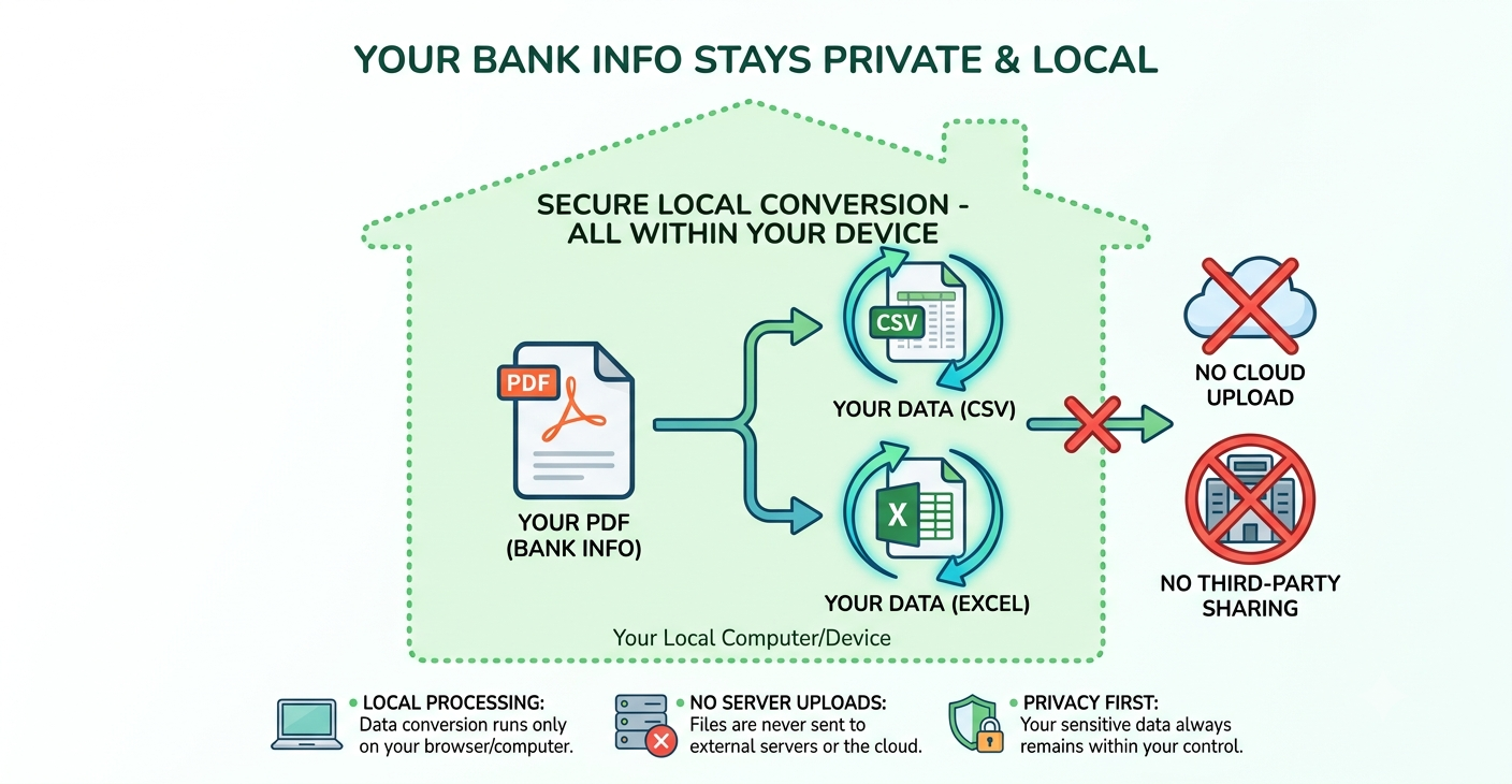 Your PDF bank statement is converted to CSV and Excel entirely on your own device — no cloud upload and no third-party sharing.